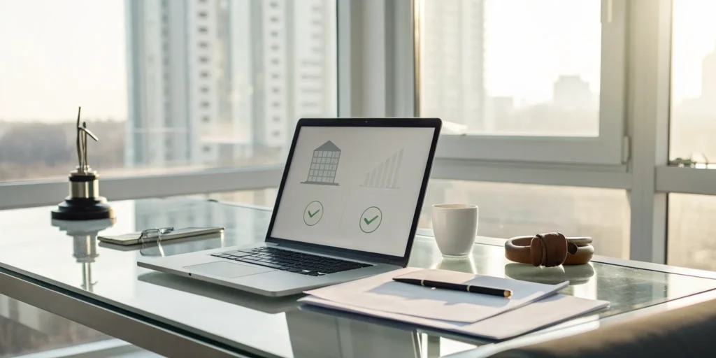 A contractor uses a laptop at a desk to file a mechanics lien online.