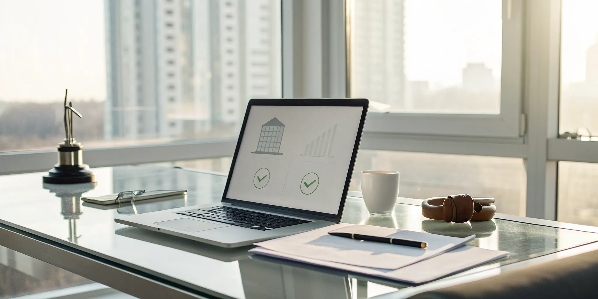 A contractor uses a laptop at a desk to file a mechanics lien online.
