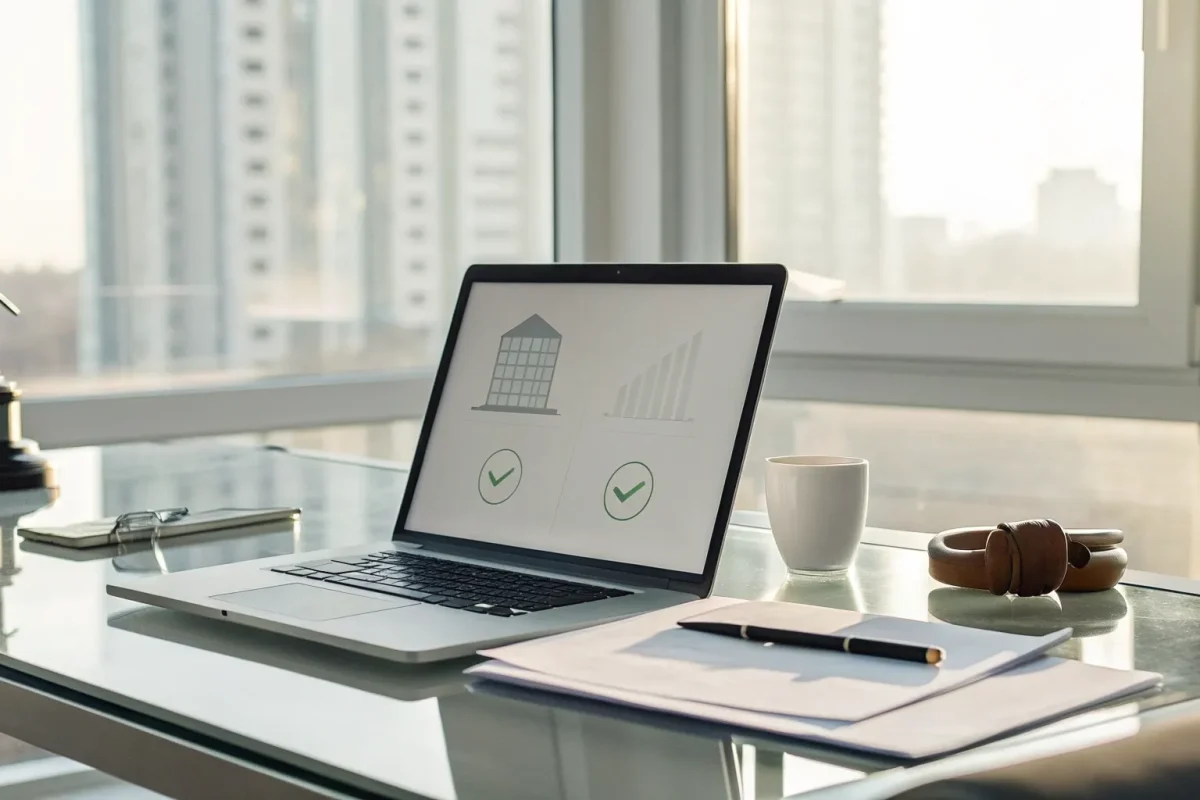 A contractor uses a laptop at a desk to file a mechanics lien online.