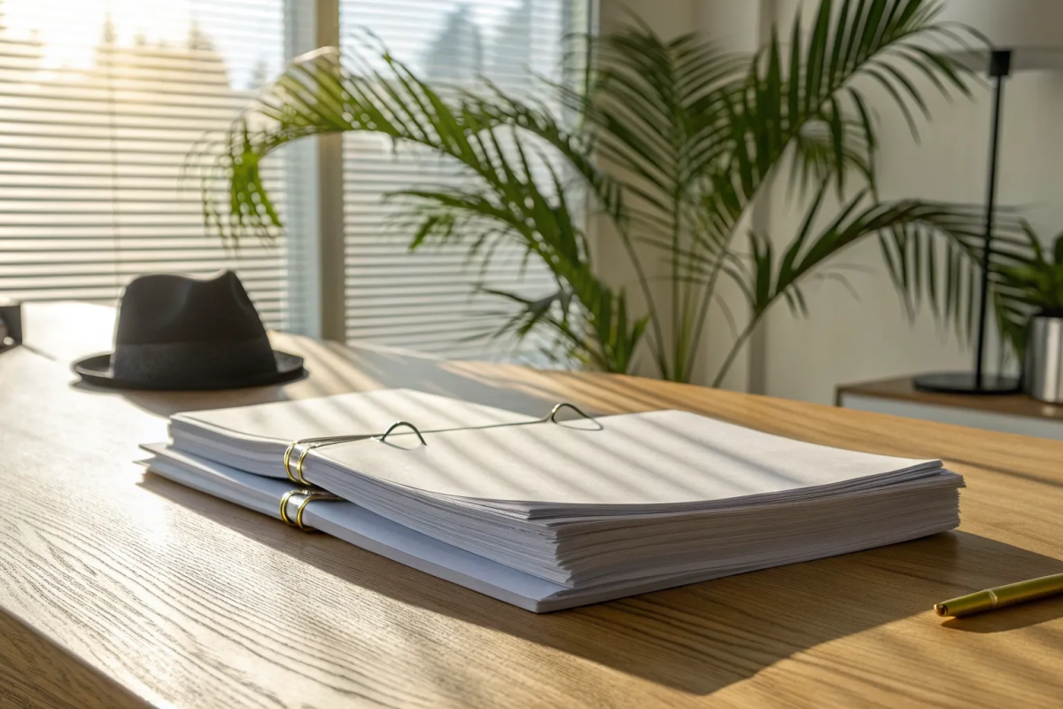 A contractor's desk with documents for filing a mechanics lien in California.