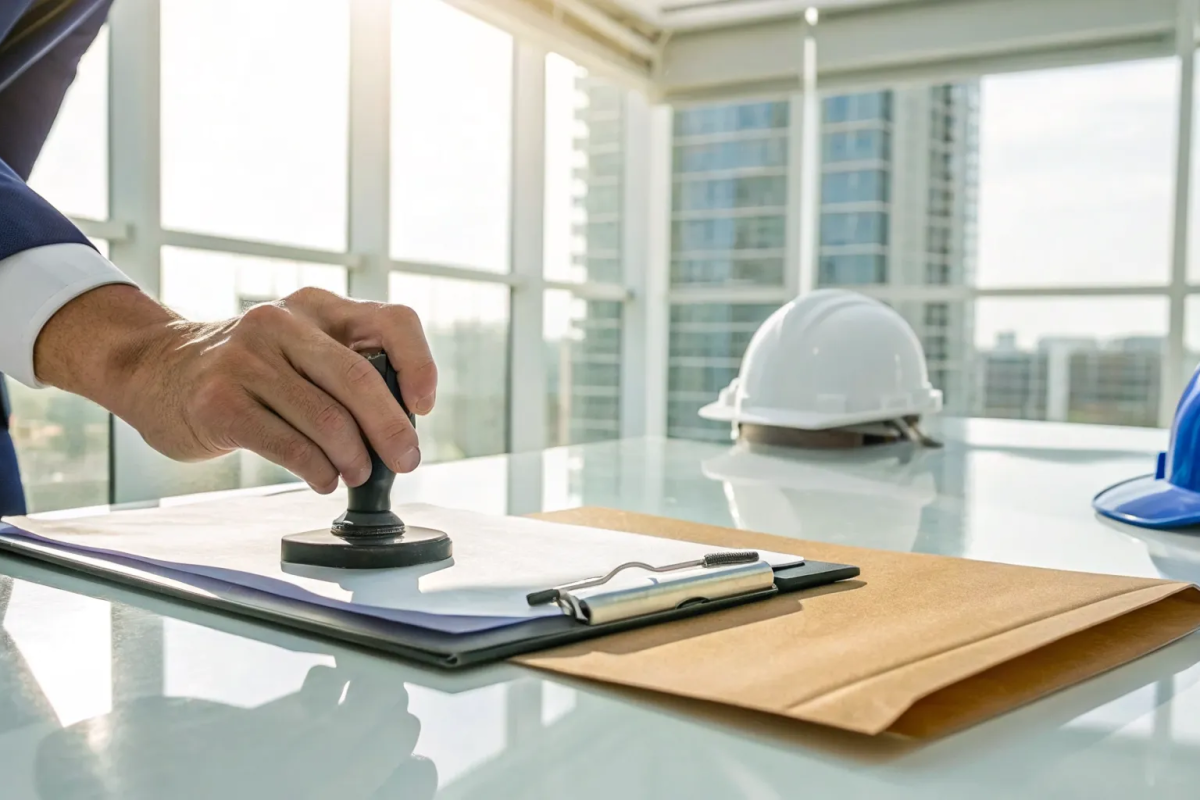 A person stamping a preliminary notice document for a construction project.